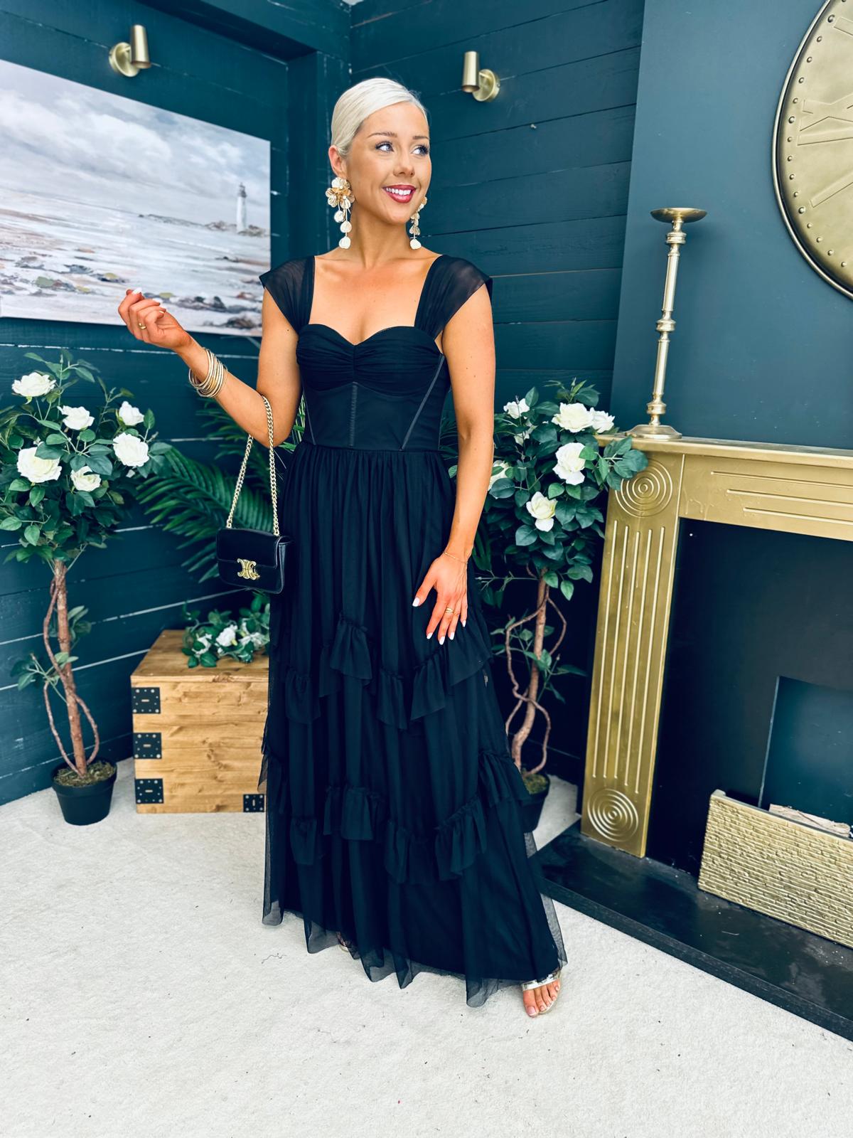 Rochelle Tulle Occasion Maxi Dress Black