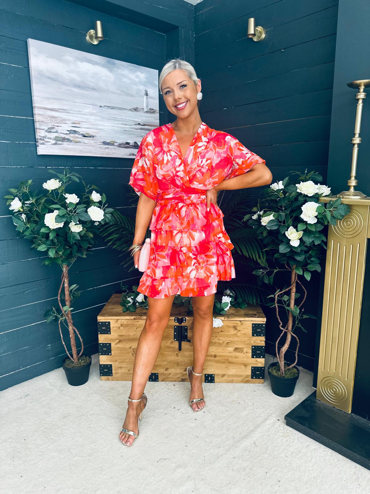 Anne Tiered Mini Dress Leaf Orange Pink