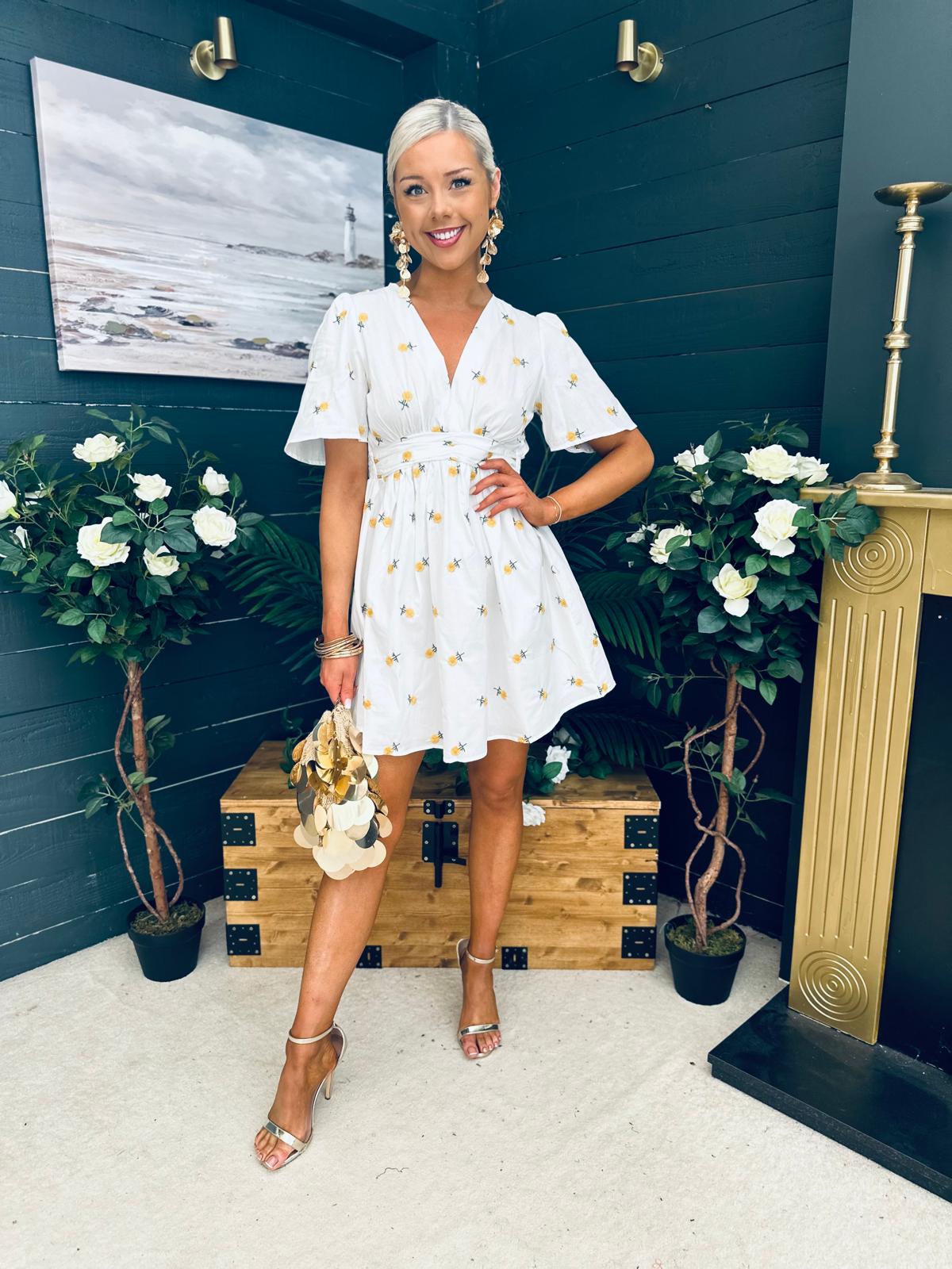 Paula Banded Mini Dress Floral White