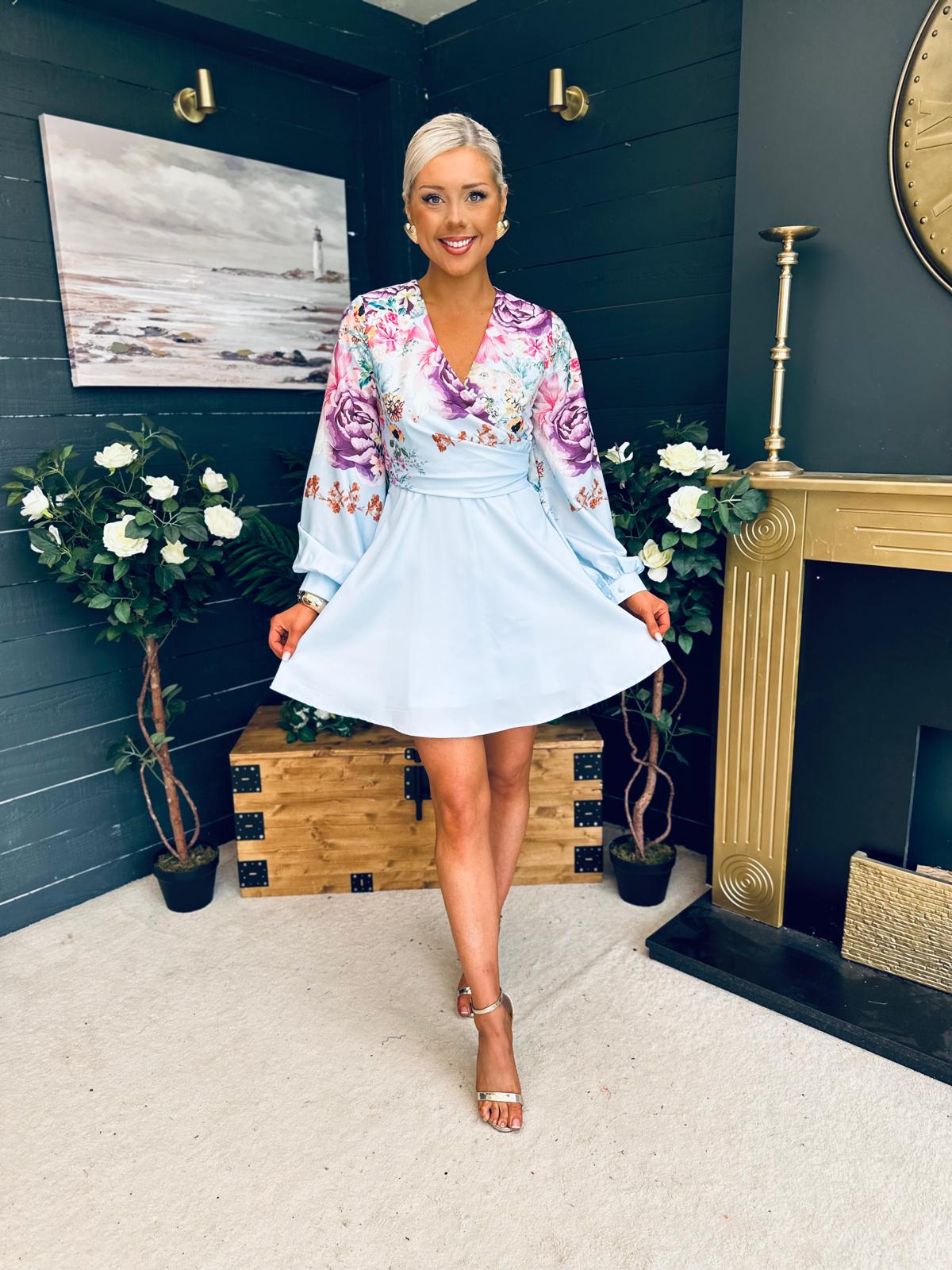 Ruth Wrap Mini Skater Dress Floral Blue – Canella Lane