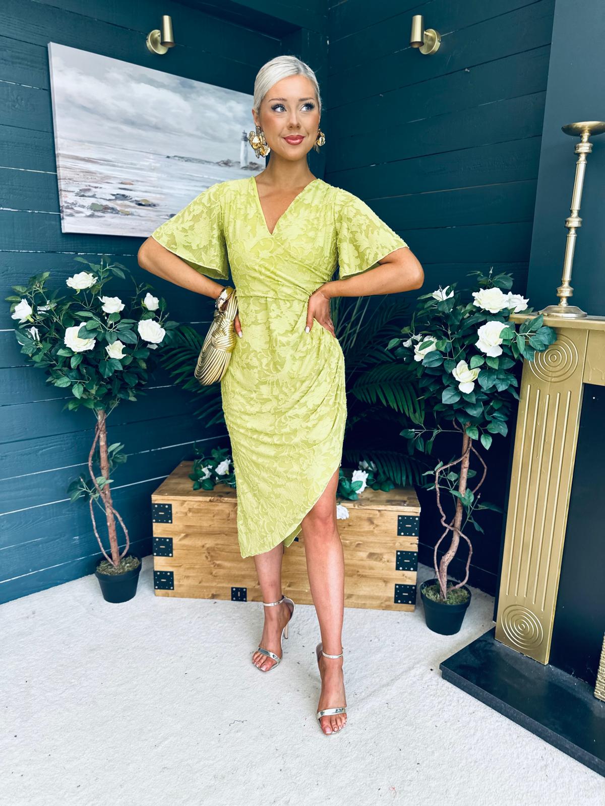 Natasha Angel Sleeve Wrap Midi Dress Lime