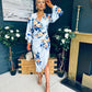 Elsa Detailed Asymmetric Dress Floral Sky Blue