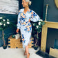 Elsa Detailed Asymmetric Dress Floral Sky Blue