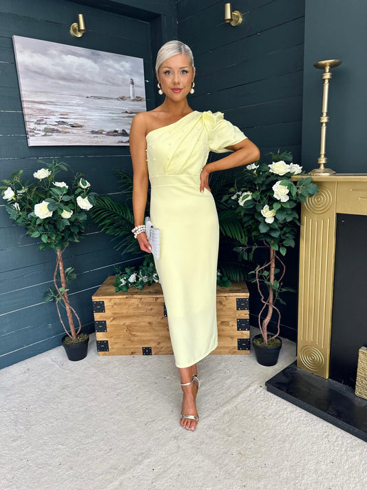 April Pearl Embellished Occasion Midi Dress Yellow