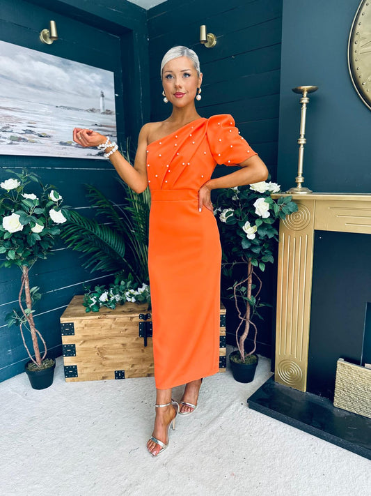 April Pearl Embellished Occasion Midi Dress Orange