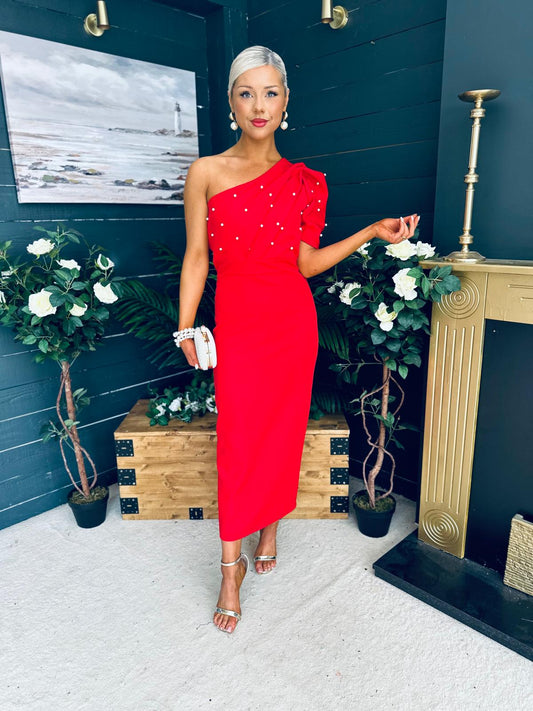 April Pearl Embellished Occasion Midi Dress Red