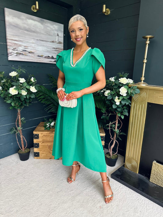 Penelope Pearl Detail Occasion Dress Green
