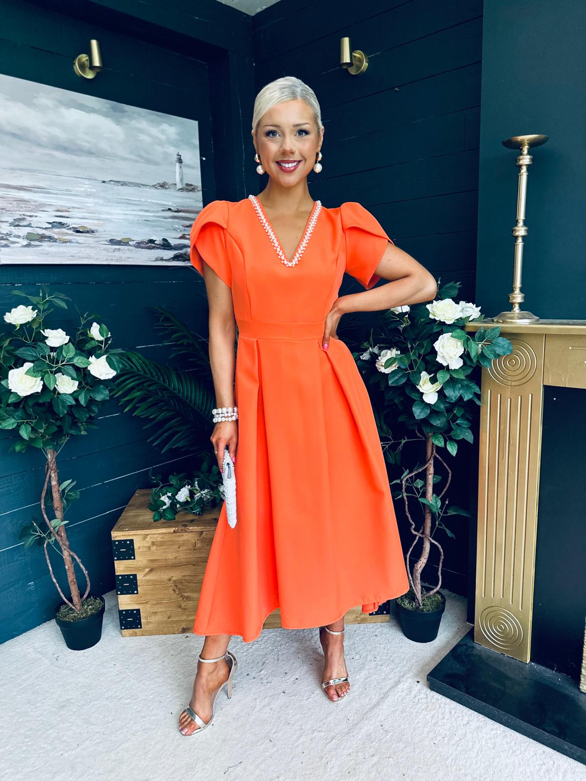 Penelope Pearl Detail Occasion Dress Orange