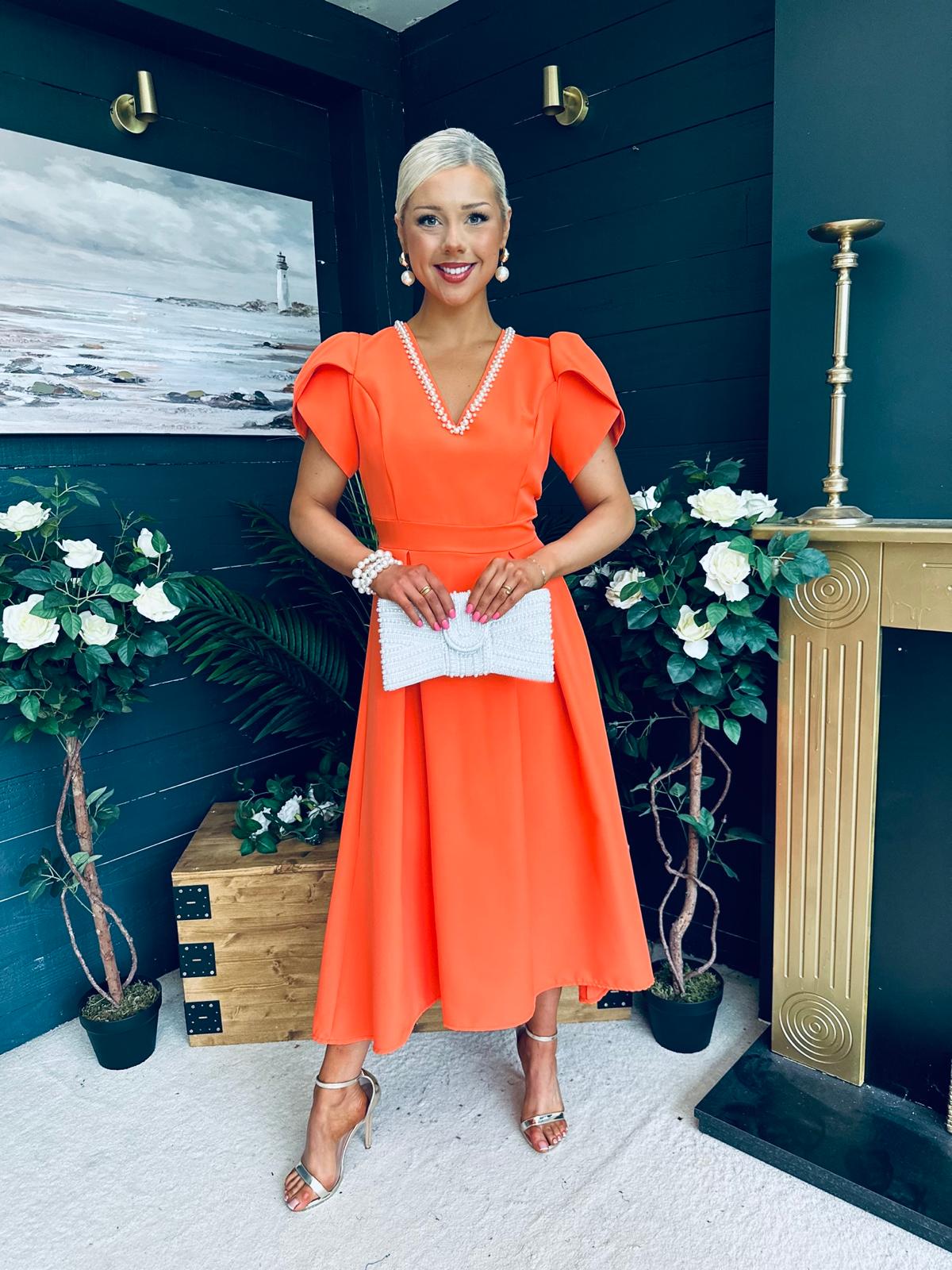 Penelope Pearl Detail Occasion Dress Orange