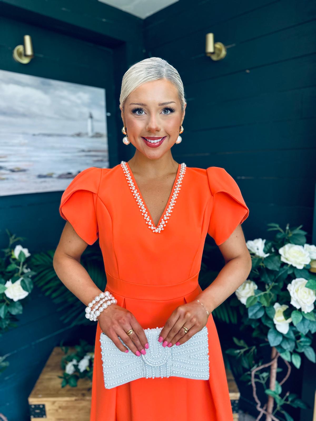 Penelope Pearl Detail Occasion Dress Orange
