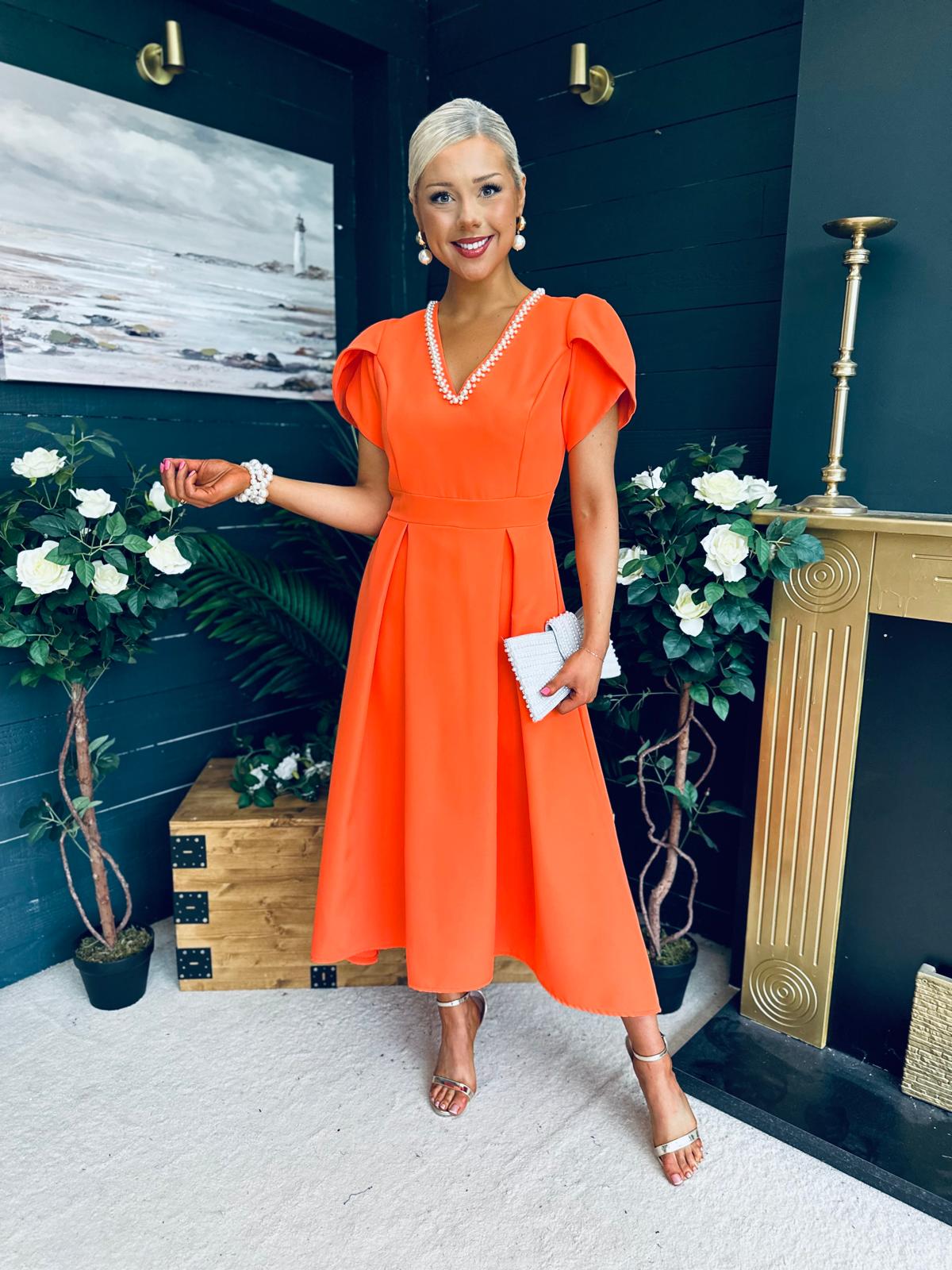Penelope Pearl Detail Occasion Dress Orange