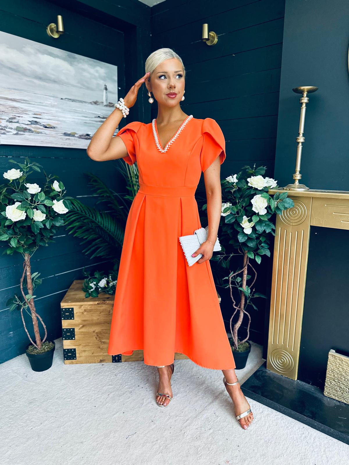 Penelope Pearl Detail Occasion Dress Orange
