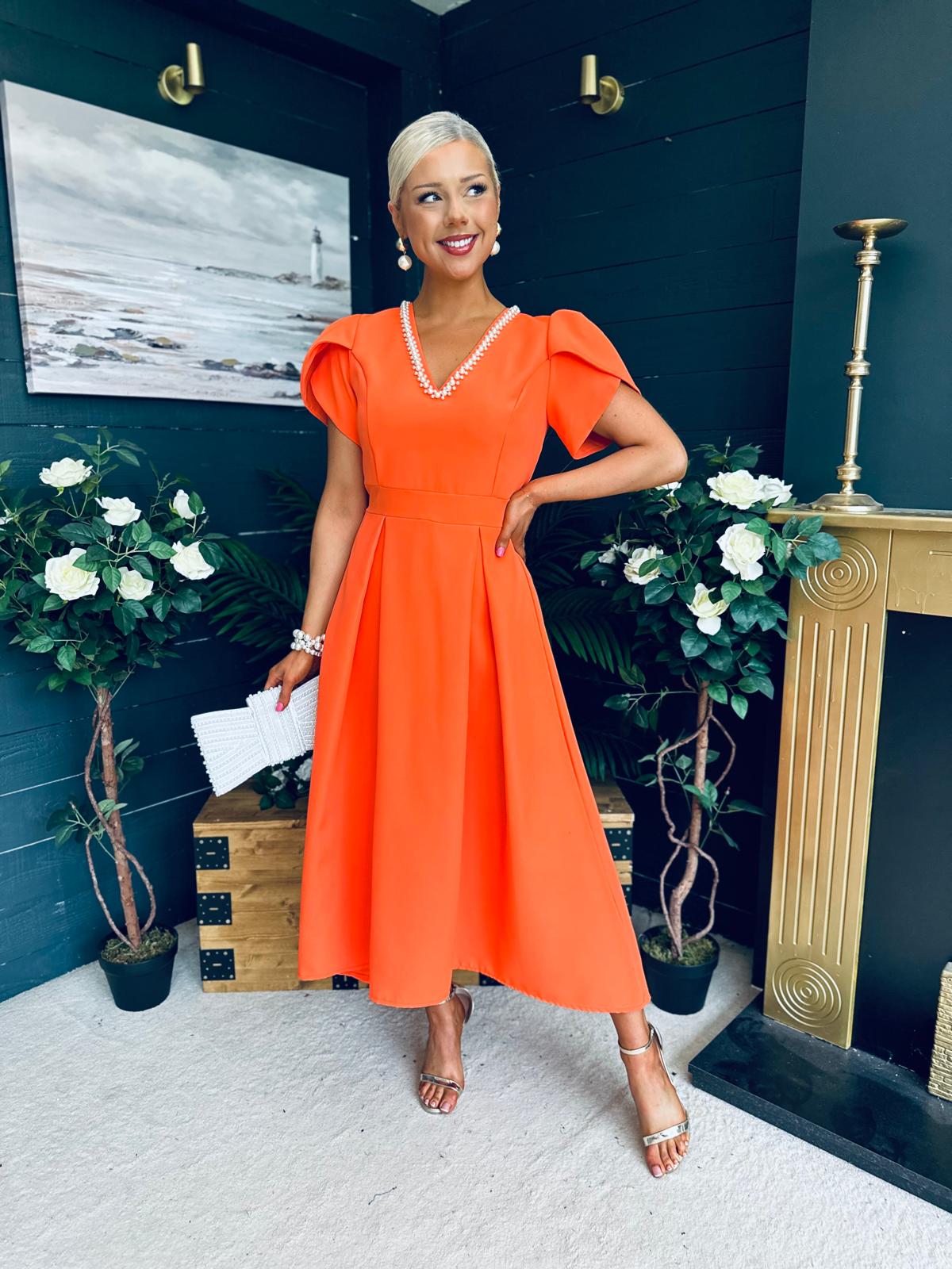 Penelope Pearl Detail Occasion Dress Orange