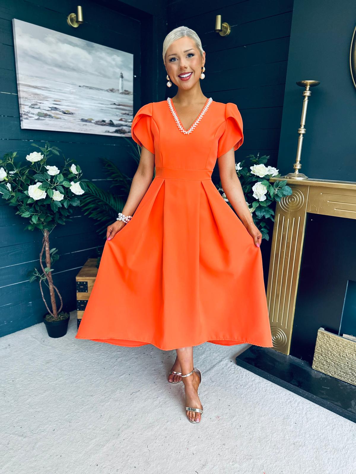 Penelope Pearl Detail Occasion Dress Orange