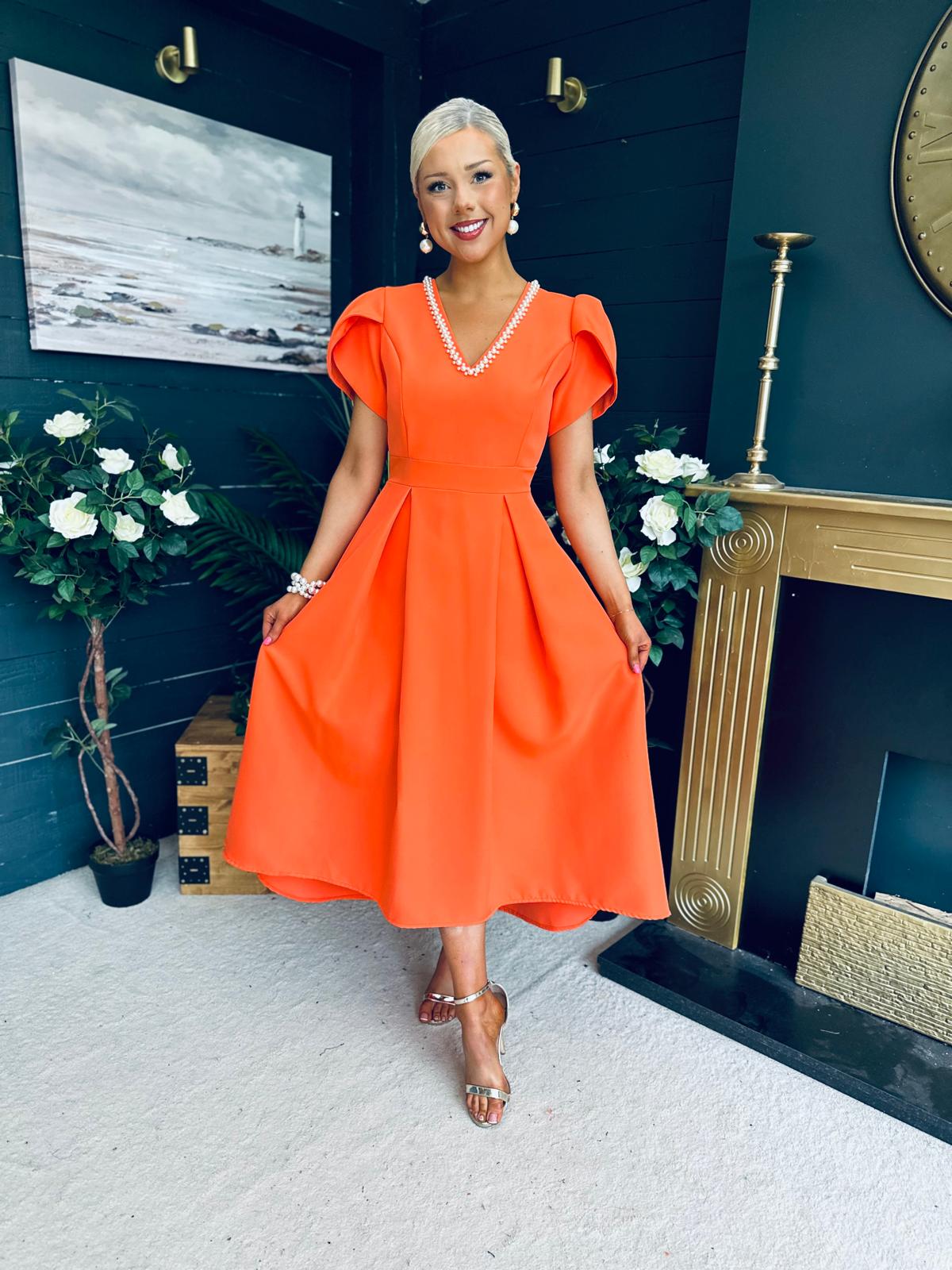 Penelope Pearl Detail Occasion Dress Orange
