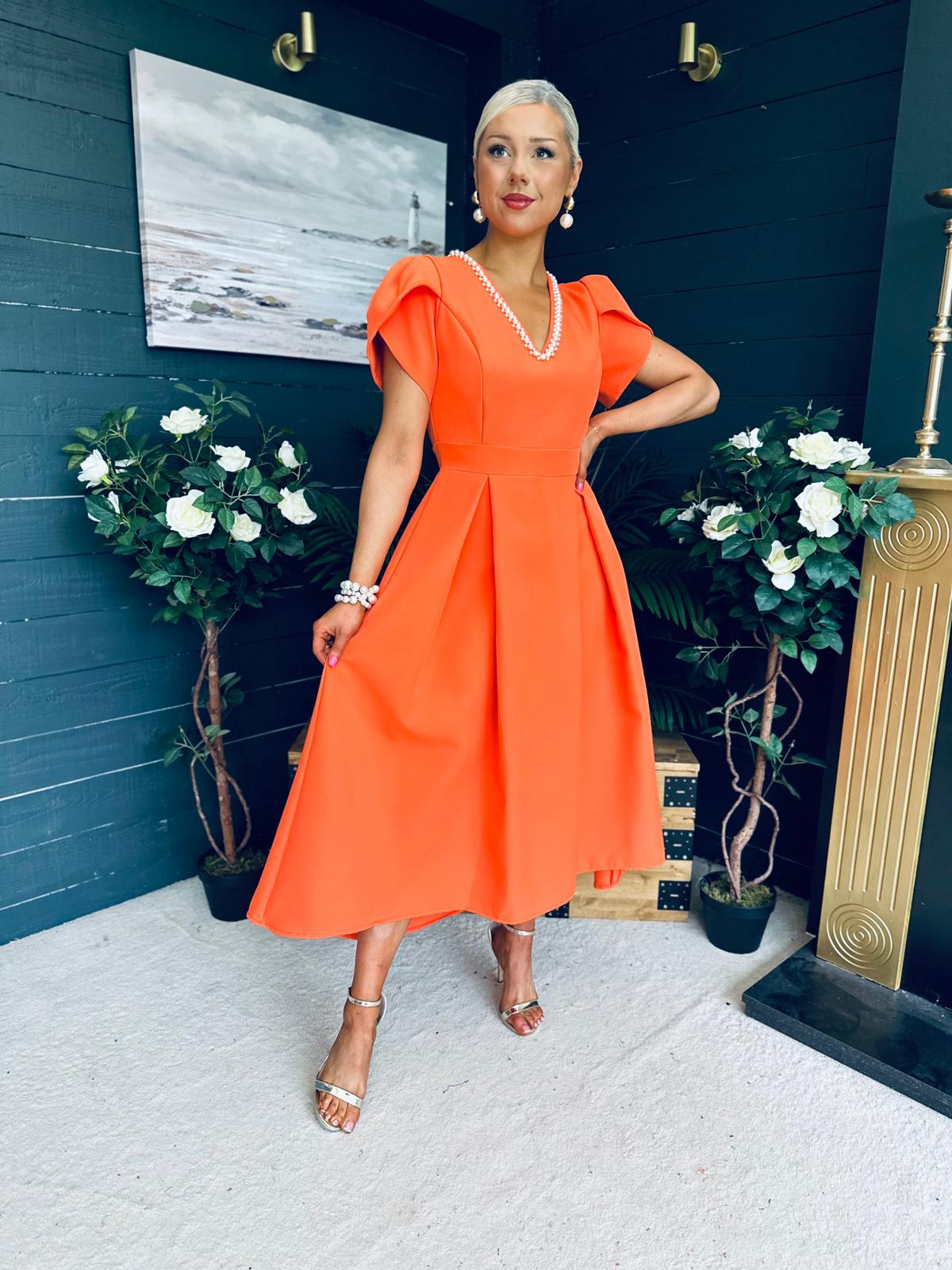 Penelope Pearl Detail Occasion Dress Orange
