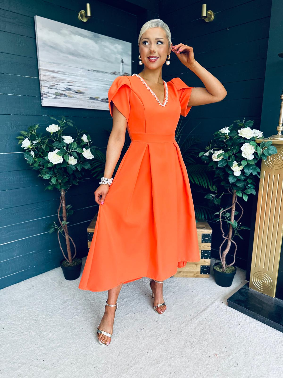 Penelope Pearl Detail Occasion Dress Orange