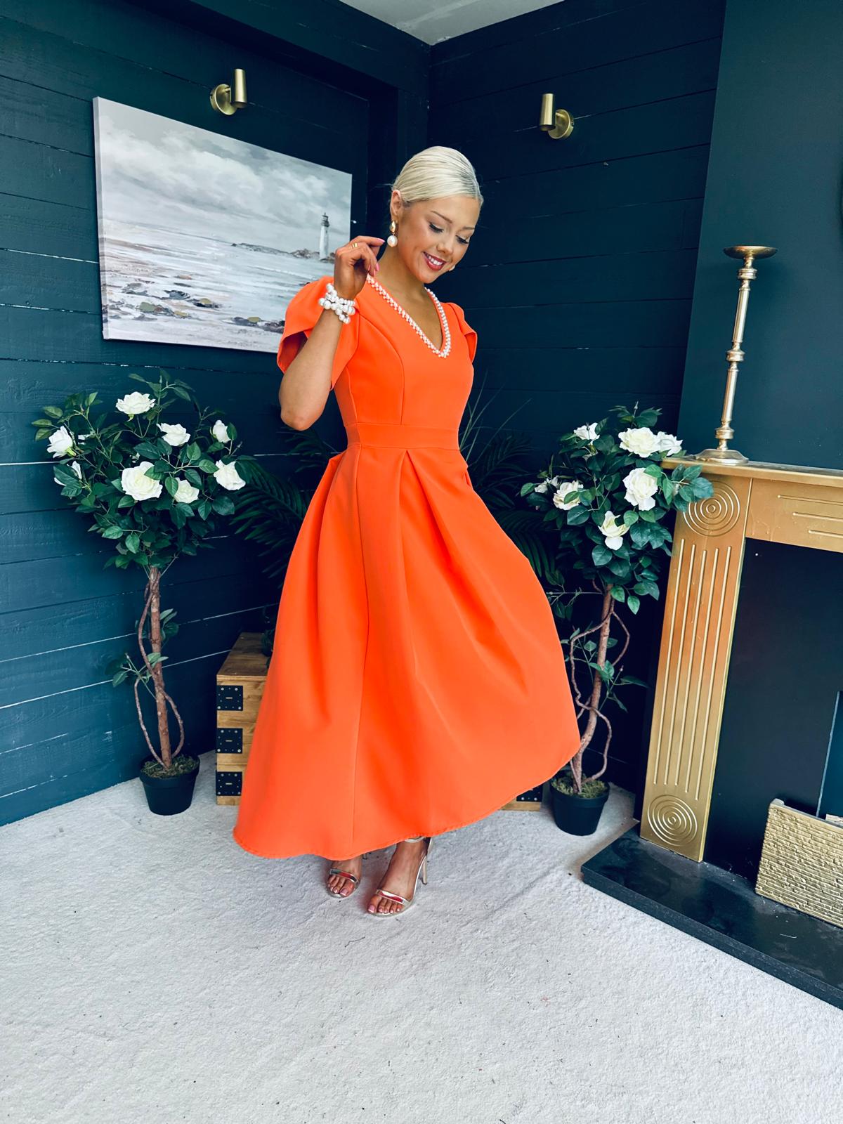 Penelope Pearl Detail Occasion Dress Orange
