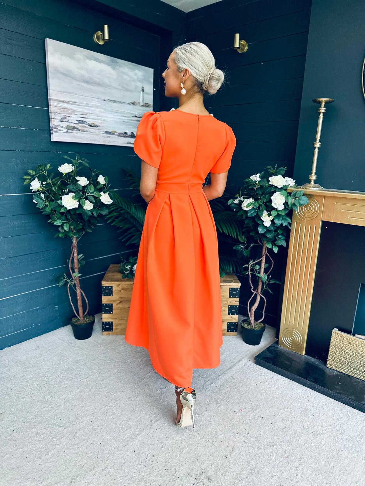 Penelope Pearl Detail Occasion Dress Orange