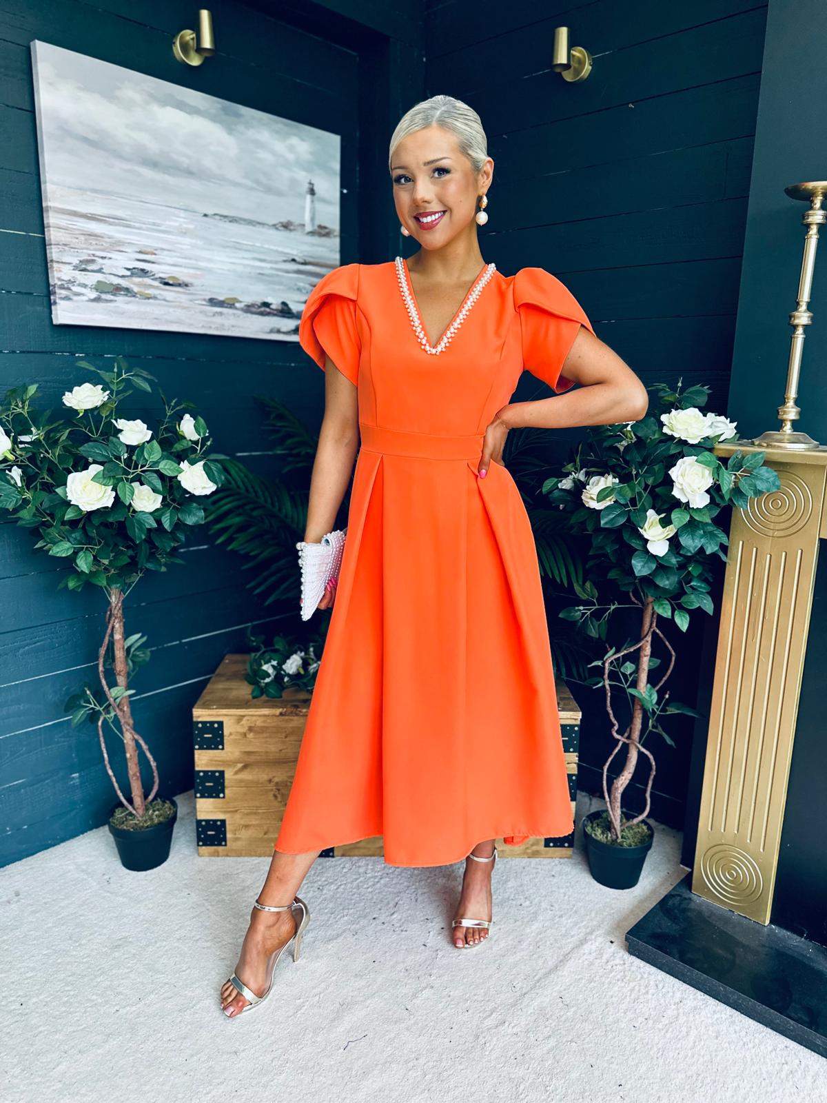 Penelope Pearl Detail Occasion Dress Orange