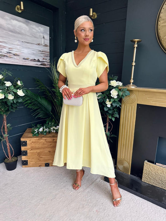 Penelope Pearl Detail Occasion Dress Yellow