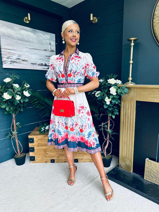 Carmen Cream Floral Border Print Midi Dress
