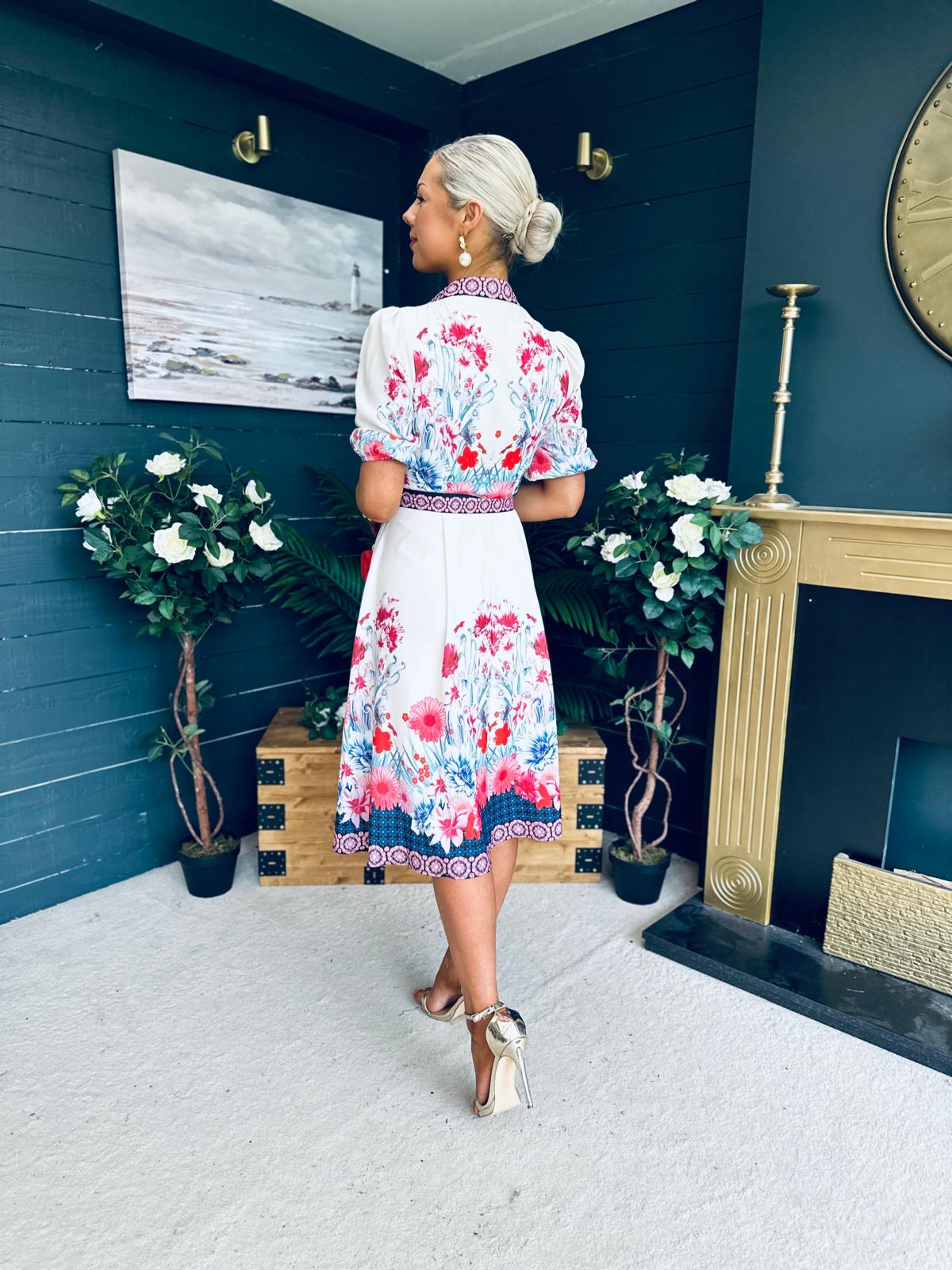 Carmen Cream Floral Border Print Midi Dress