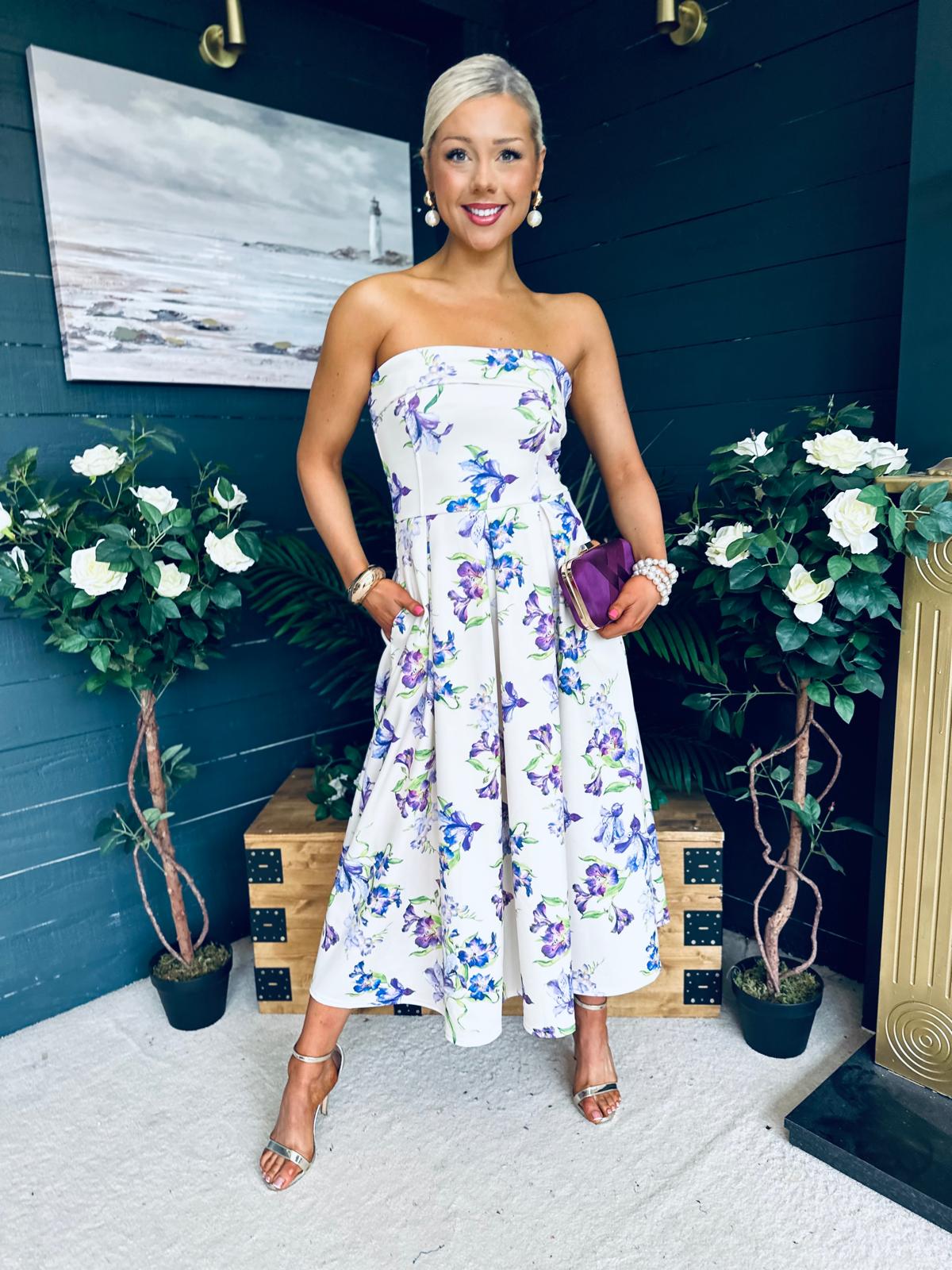 Danni Strapless Bandeau Midi Dress Yellow Floral
