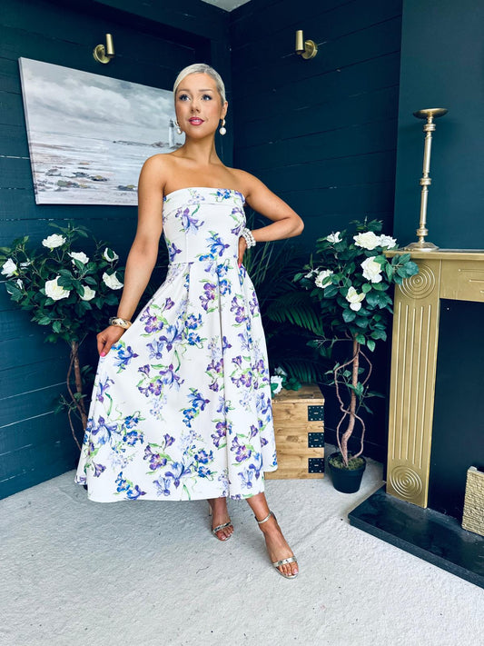 Danni Strapless Bandeau Midi Dress Yellow Floral