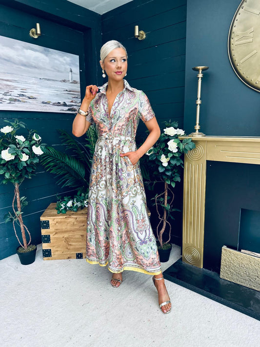 Aurora Maxi Border Print Shirt Dress Peach