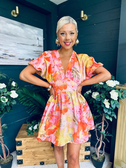 Trina Printed Mini Shirt Dress Coral