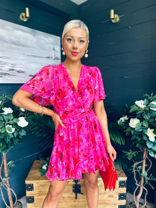 Sam Banded Mini Shirt Dress Fuchsia