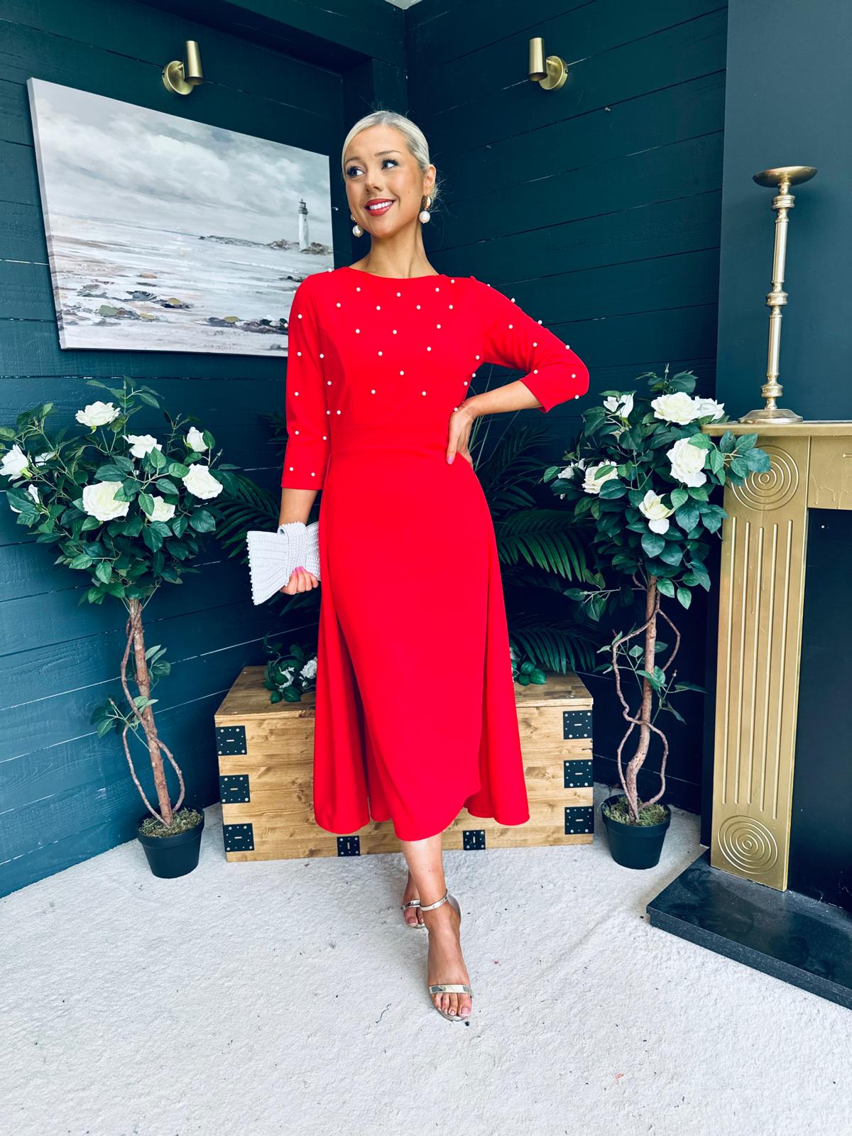 Catherine Pearl Embellished Occasion Dress Red