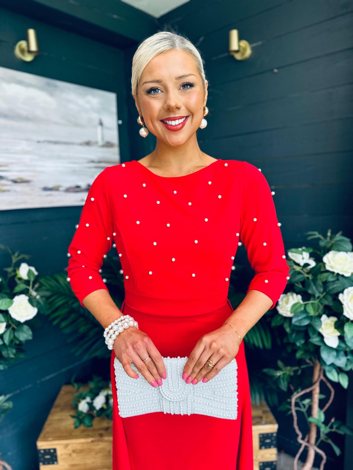 Catherine Pearl Embellished Occasion Dress Red