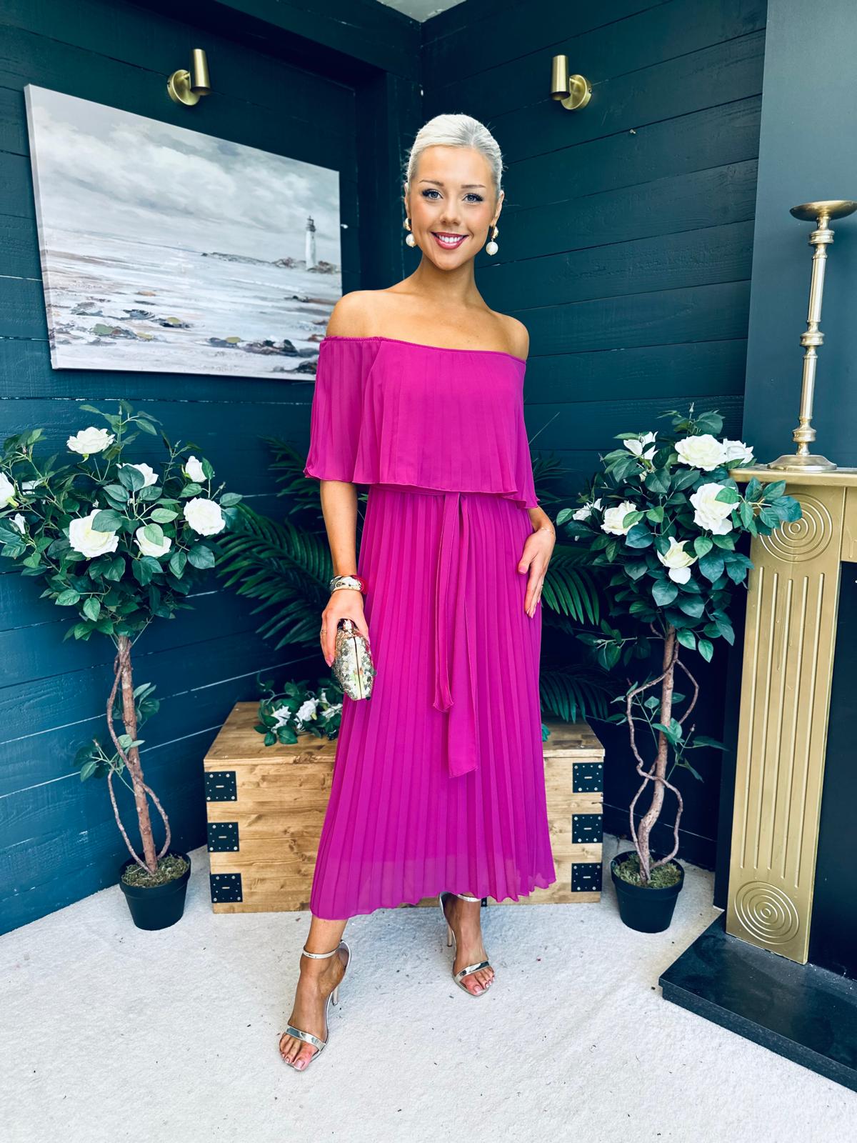 Fiadh Bardot Detail Occasion Dress Berry