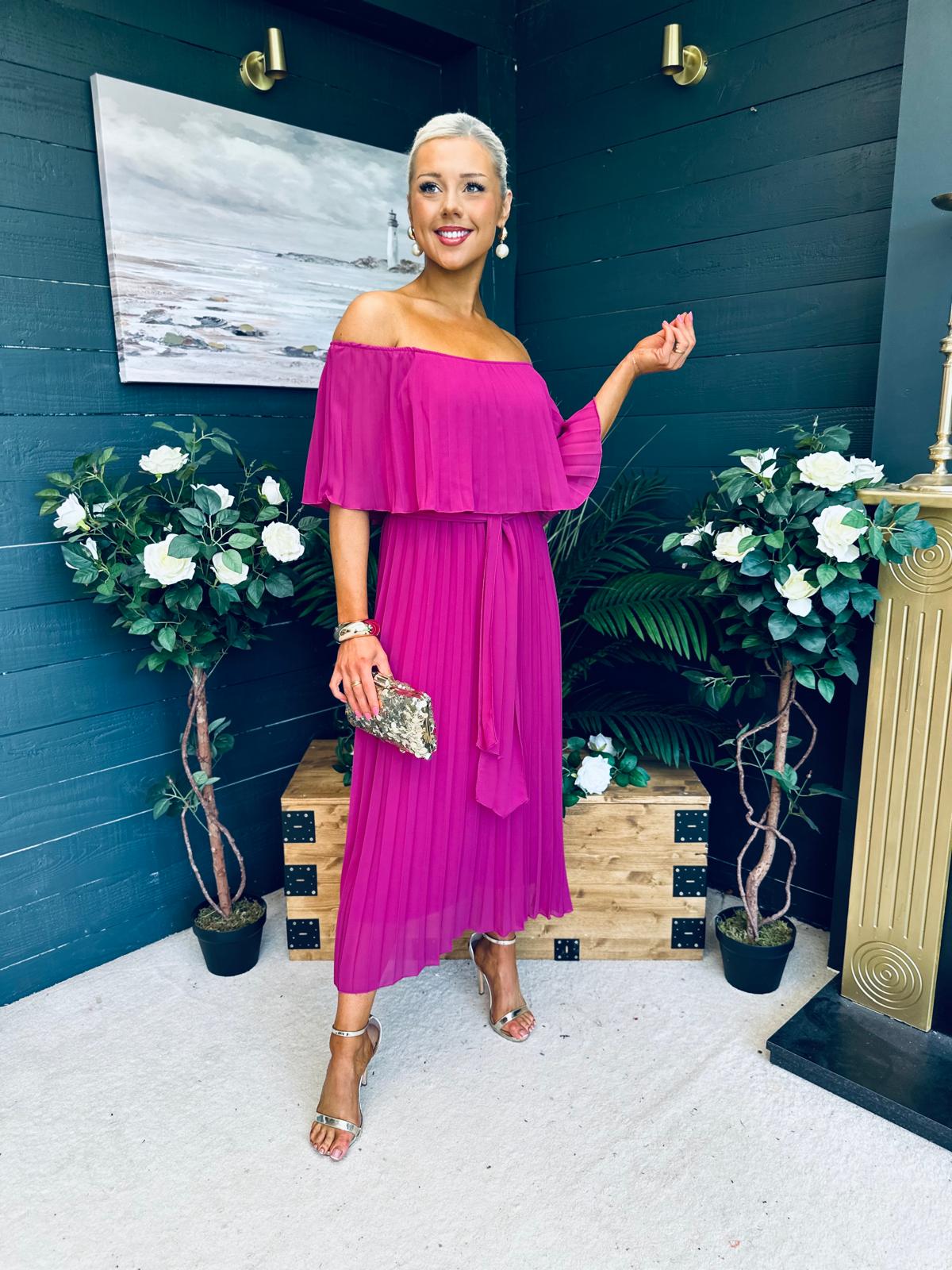 Fiadh Bardot Detail Occasion Dress Berry
