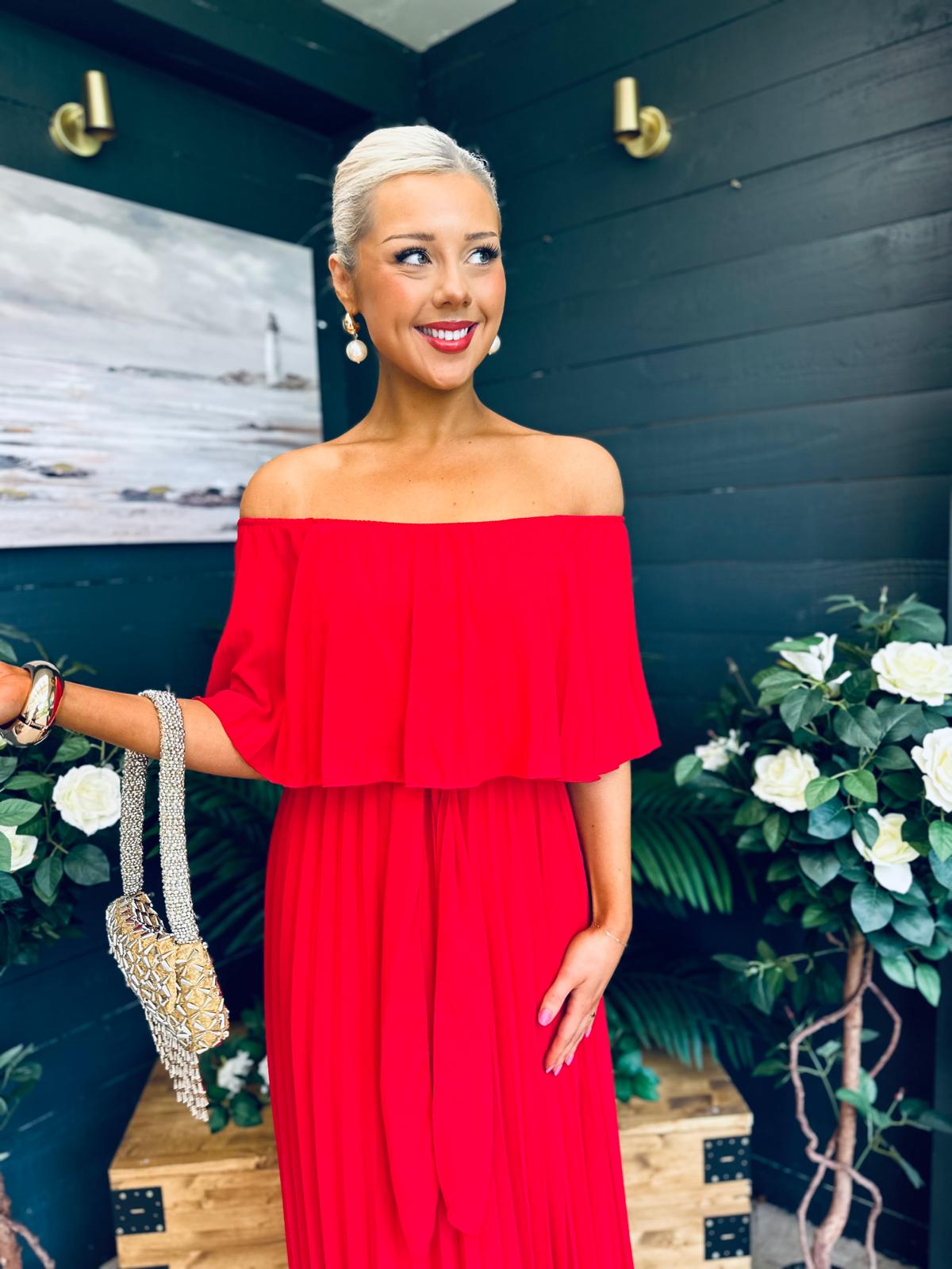 Fiadh Bardot Detail Occasion Dress Rouge
