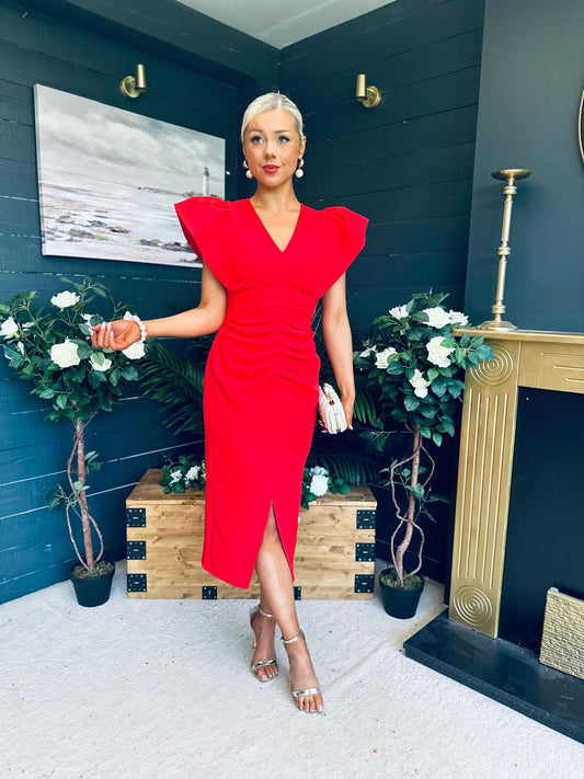 Katniss Statement Sleeve Pleat Detail Midi Dress Red