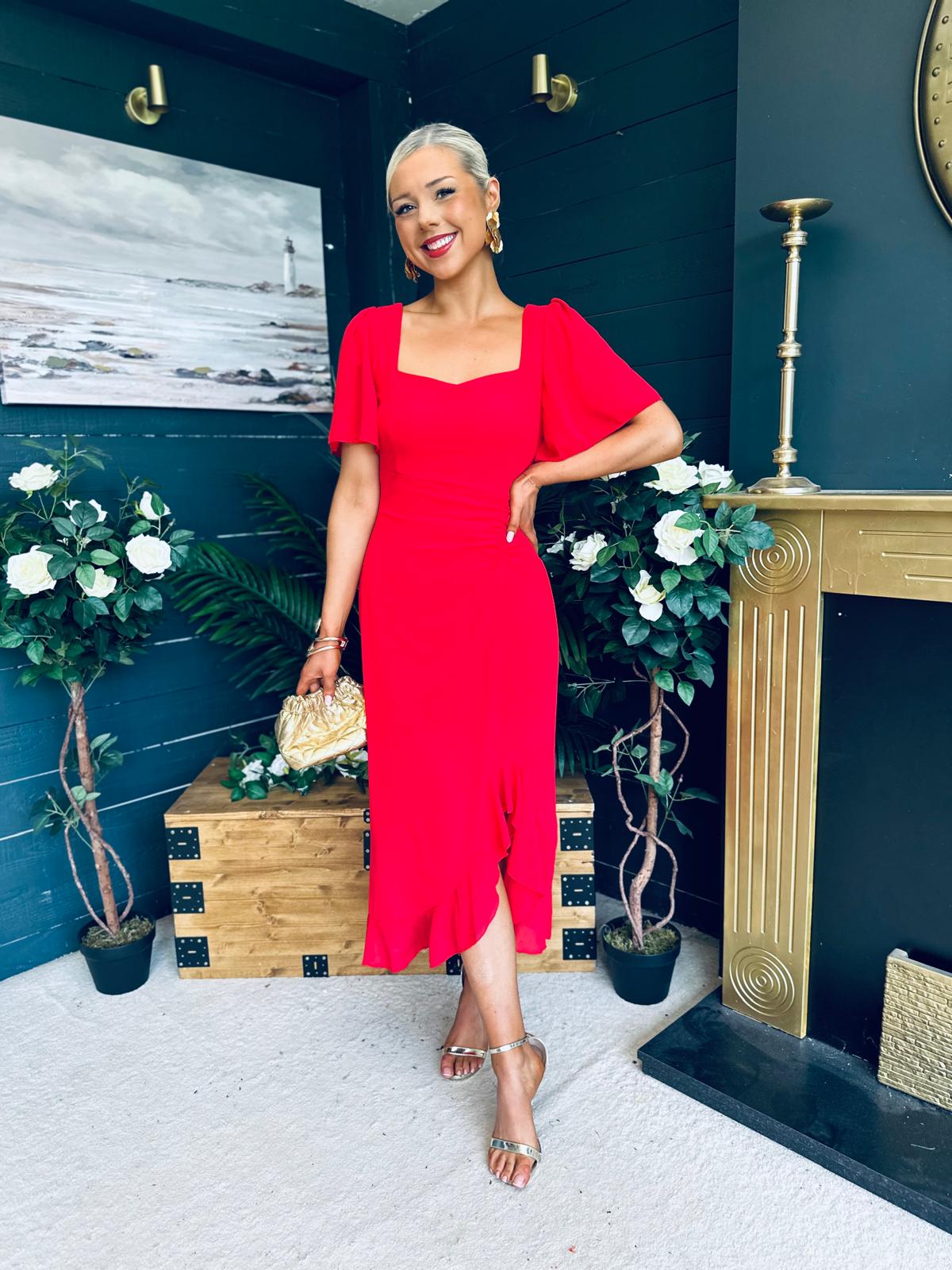 Heidi Ruched Midi Dress Red