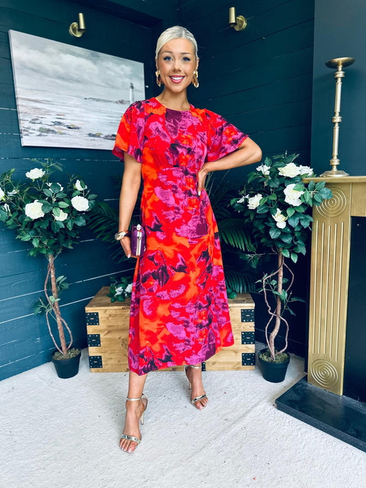 Britney Angel Sleeve Midi Dress Floral Morange