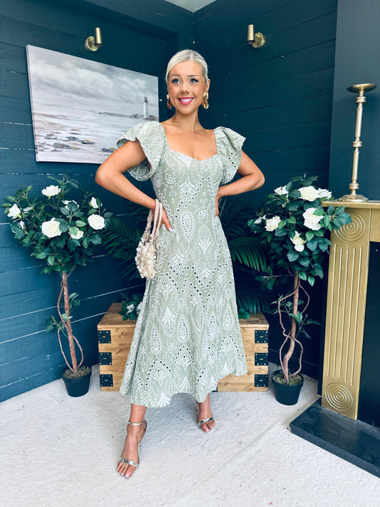 Milly Broidery Detail Midi Dress Sage