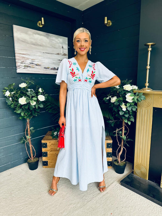 Trase Embroidered Midi Dress Blue