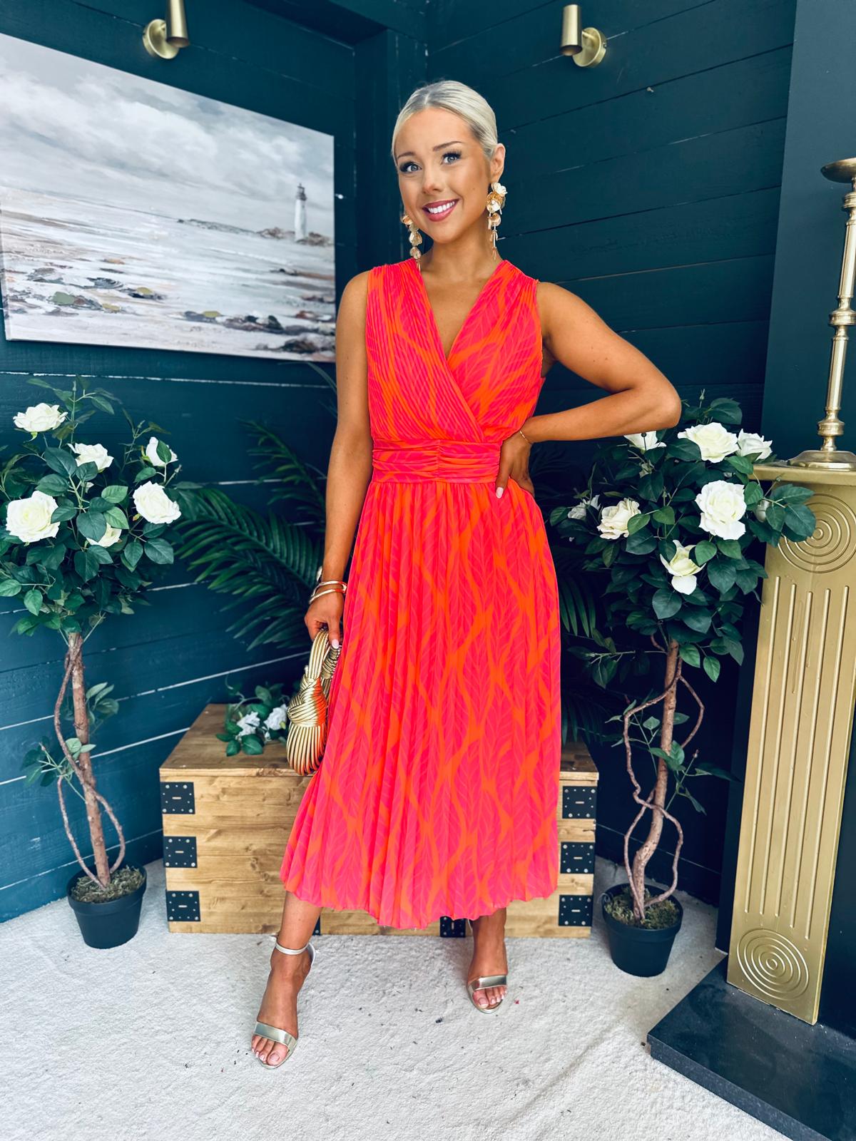 Michelle Banded Midi Dress Pink Orange