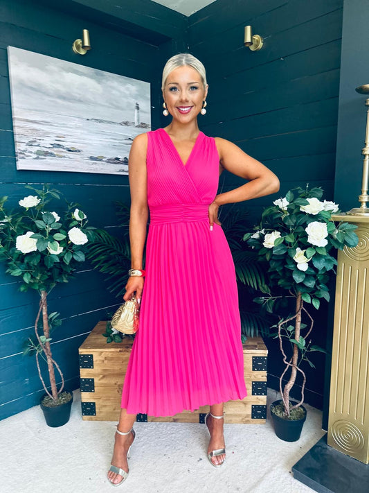 Frankie Pleated Midi Dress Hot Pink