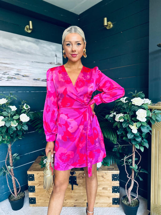 Jenny Long Sleeve Wrap Mini Dress Pink Floral
