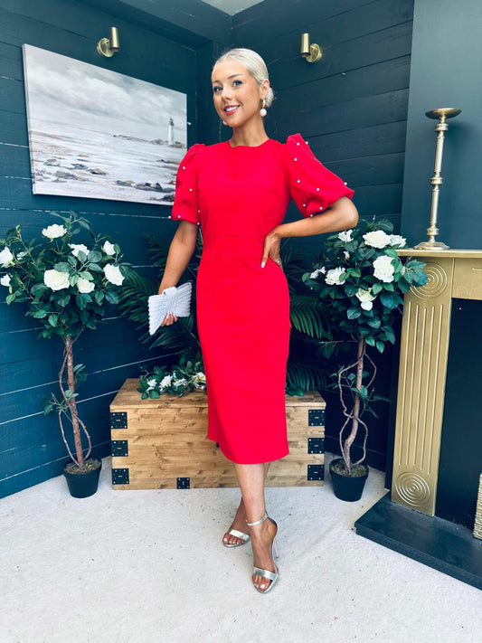 Caitlyn Pearl Embellished Occasion Dress Red