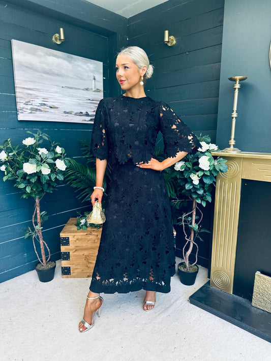 Keegan Crochet Detail Top & Skirt Set Black