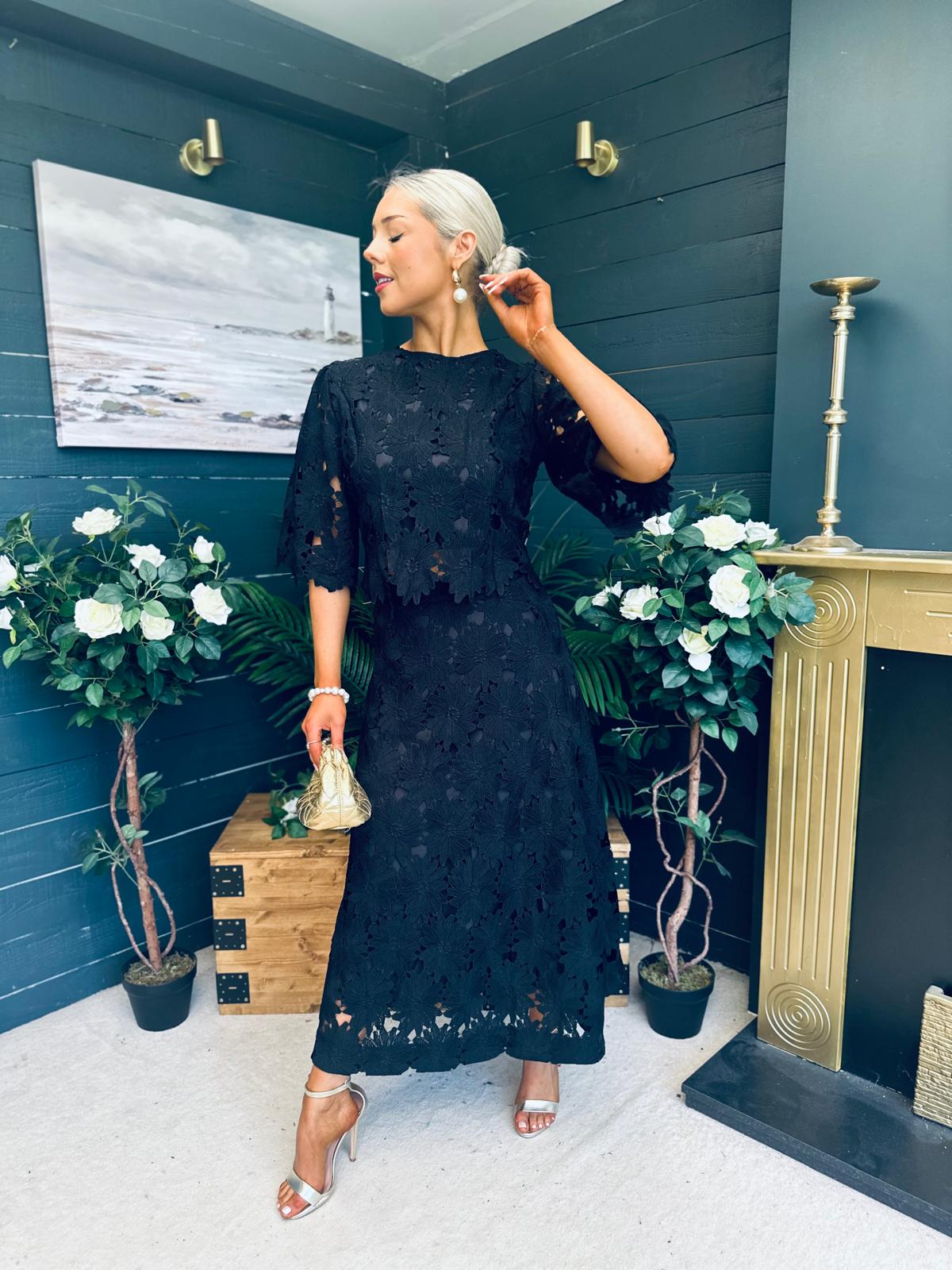 Keegan Crochet Detail Top & Skirt Set Black