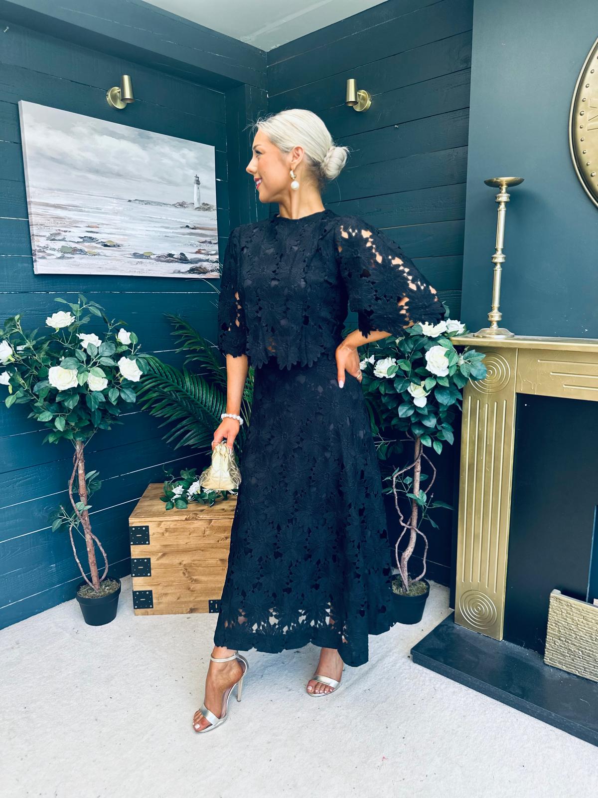Keegan Crochet Detail Top & Skirt Set Black