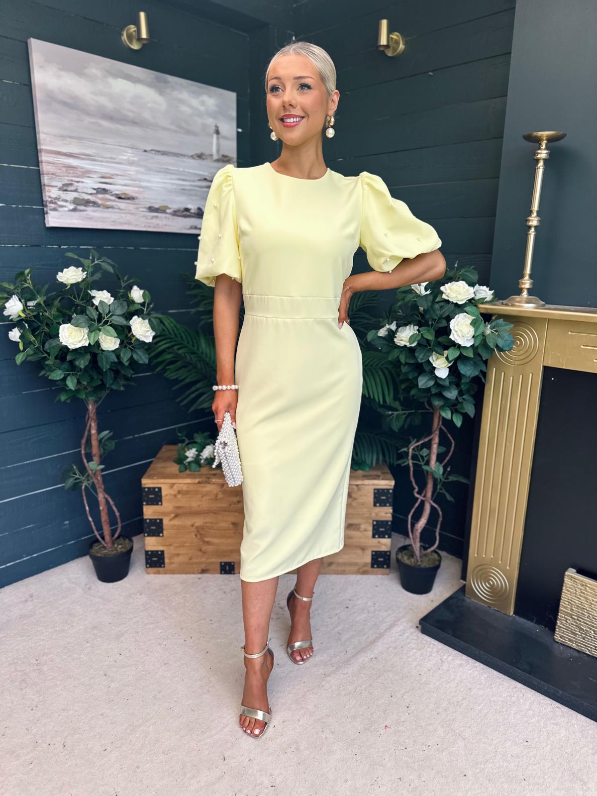 Caitlyn Pearl Embellished Occasion Dress Yellow